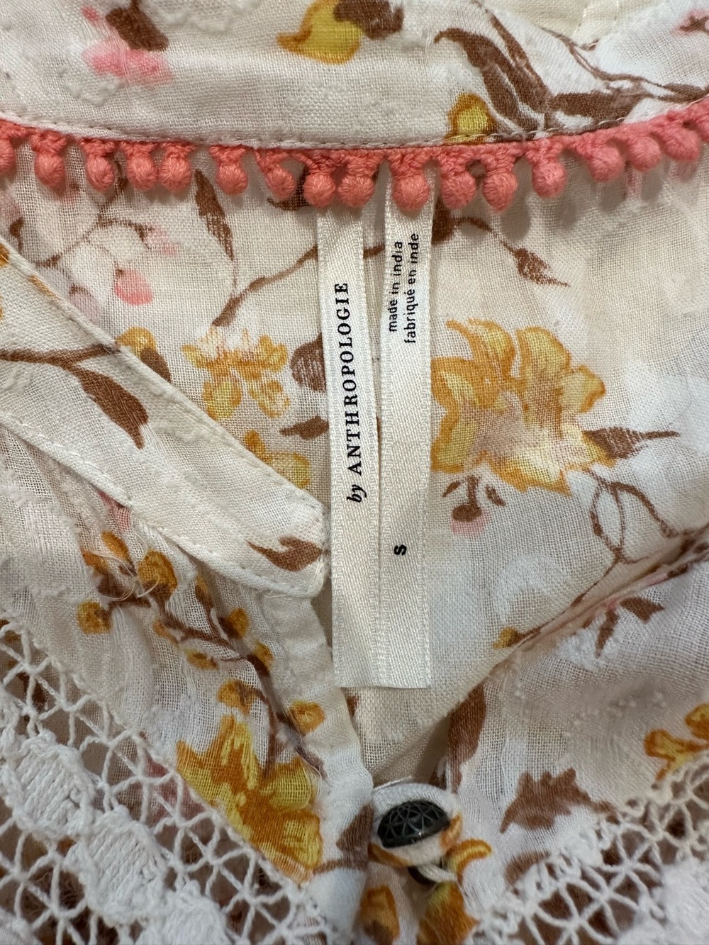 Anthropologie size S Harmony Peasant Blouse in Yellow, Brown, and Pink Floral - Picture 10 of 15